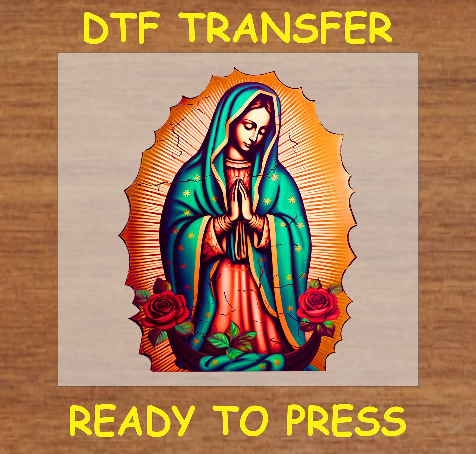 "Virgin Mary DTF Transfer with a radiant classic design and floral accents"