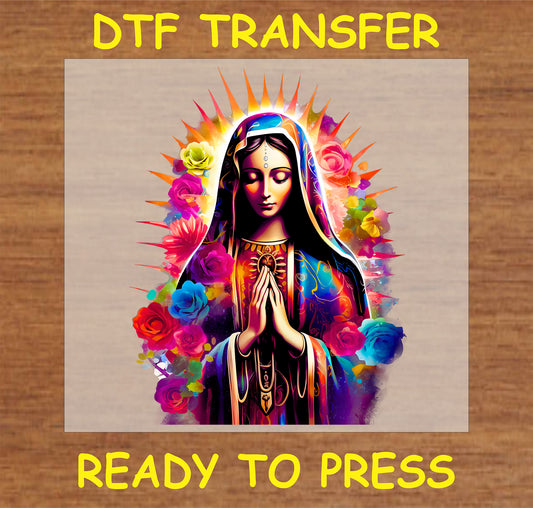 "Virgin Mary DTF Transfer with a vibrant floral halo design"