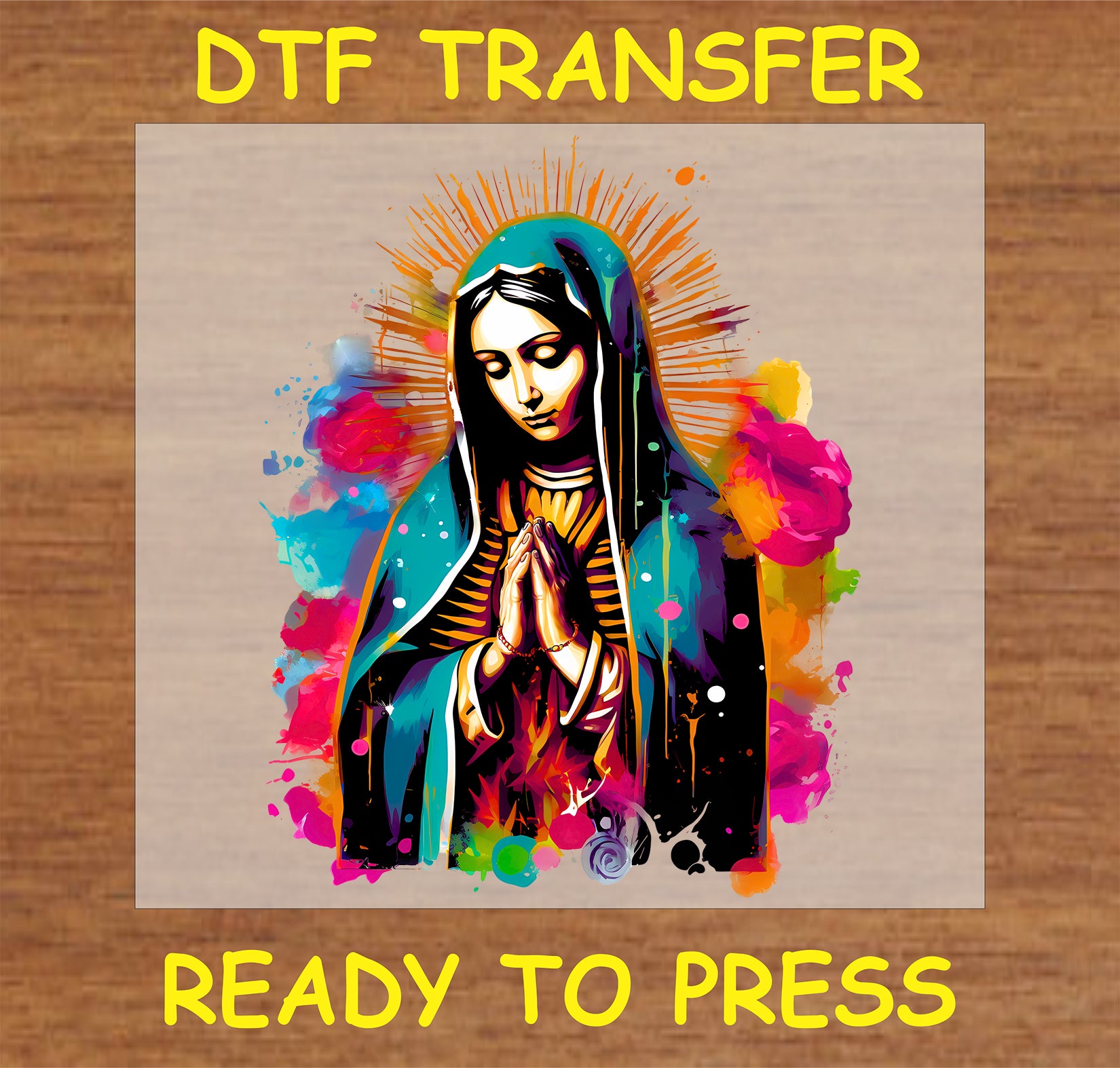 "Virgin Mary DTF Transfer with vibrant aura and colorful design"