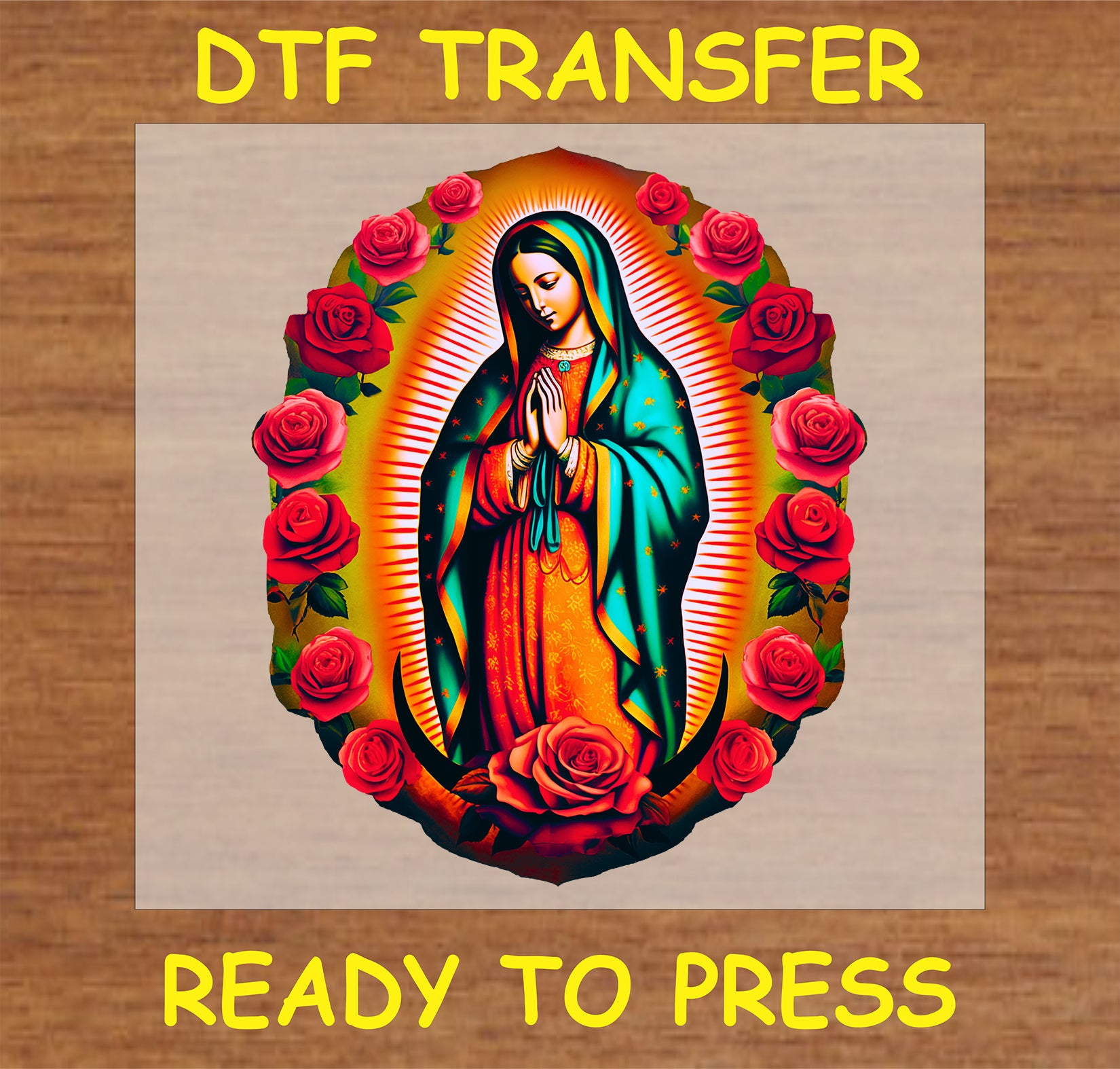 "Virgin Mary DTF Transfer with rose border design, vibrant colors, and floral elements"