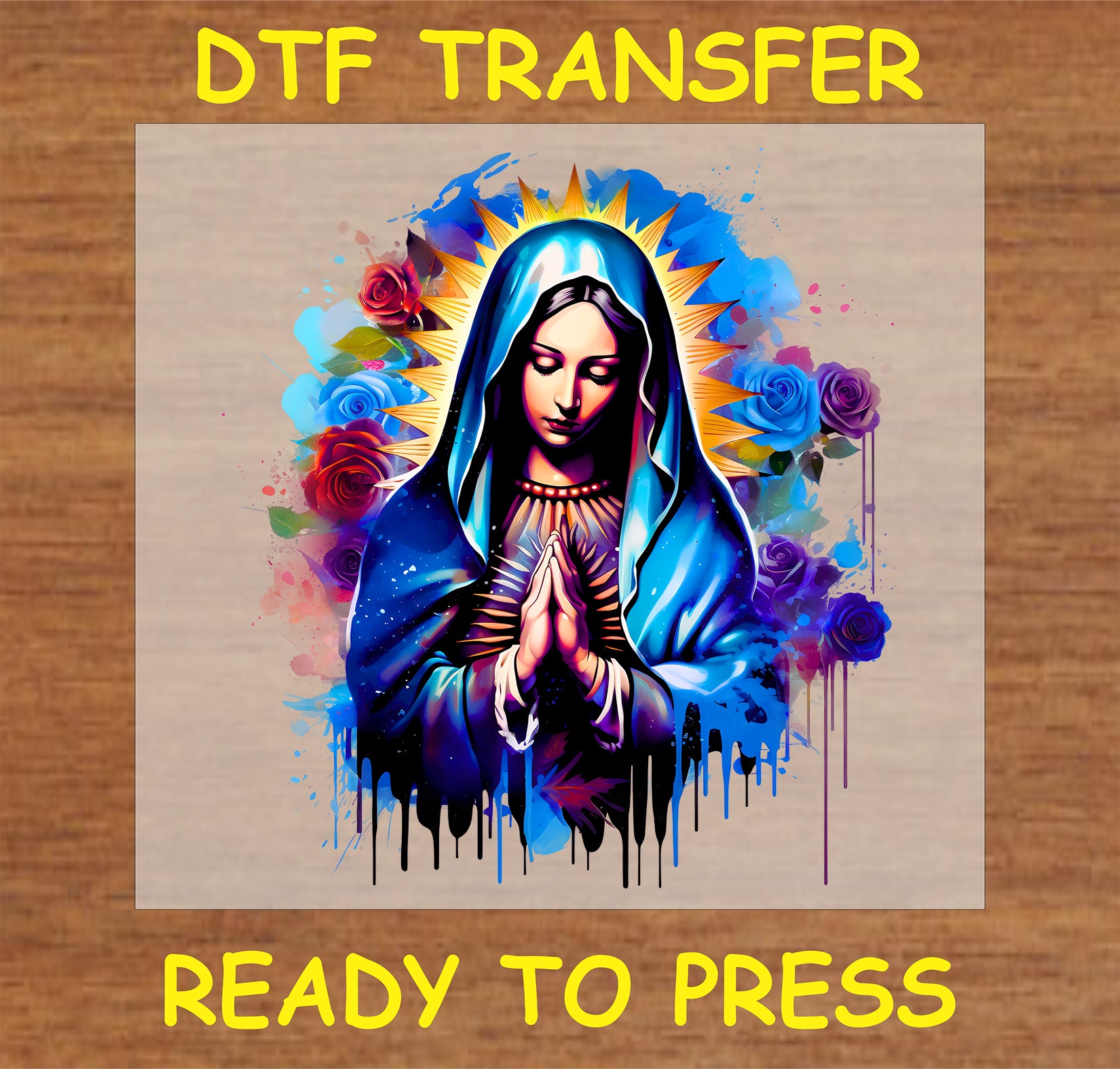 "Virgin Mary DTF Transfer with vibrant blue theme and colorful floral accents, perfect for religious and spiritual items"