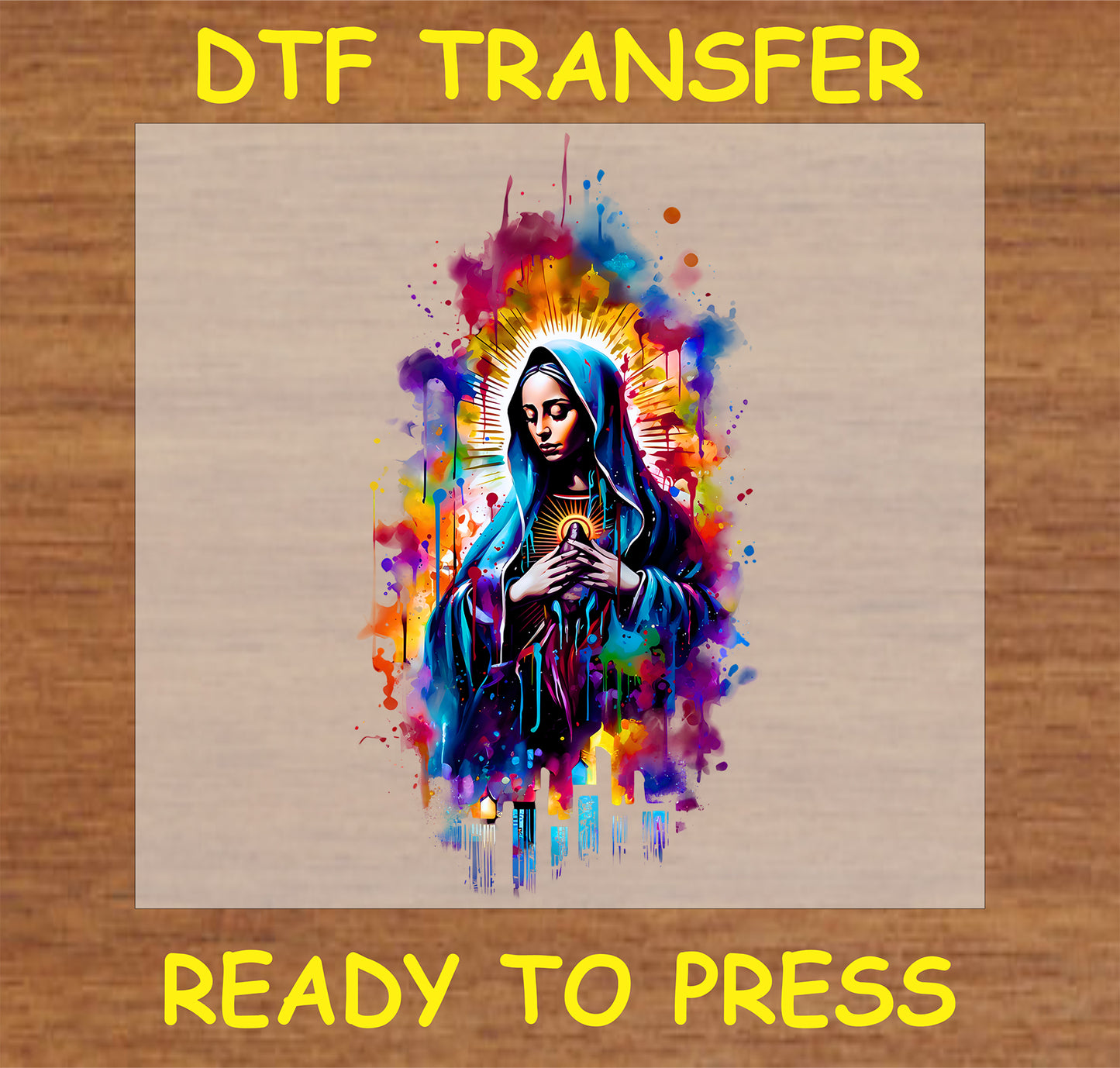 "Virgin Mary DTF Transfer with vibrant multicolor theme and modern artistic design, perfect for religious and spiritual items"