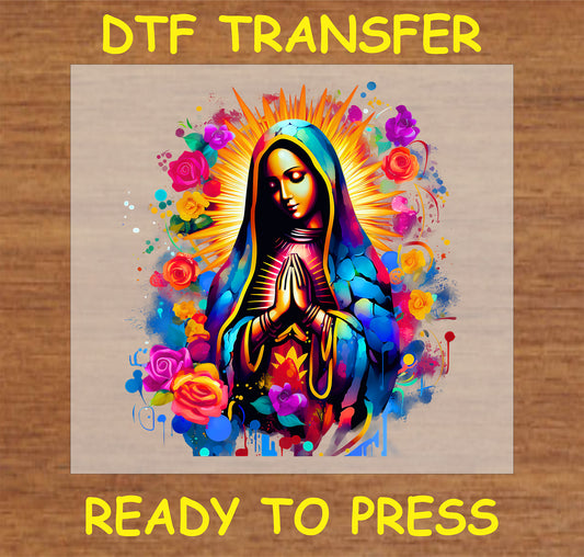 "Virgin Mary DTF Transfer with bold multicolor floral art, ideal for faith-inspired apparel and accessories"