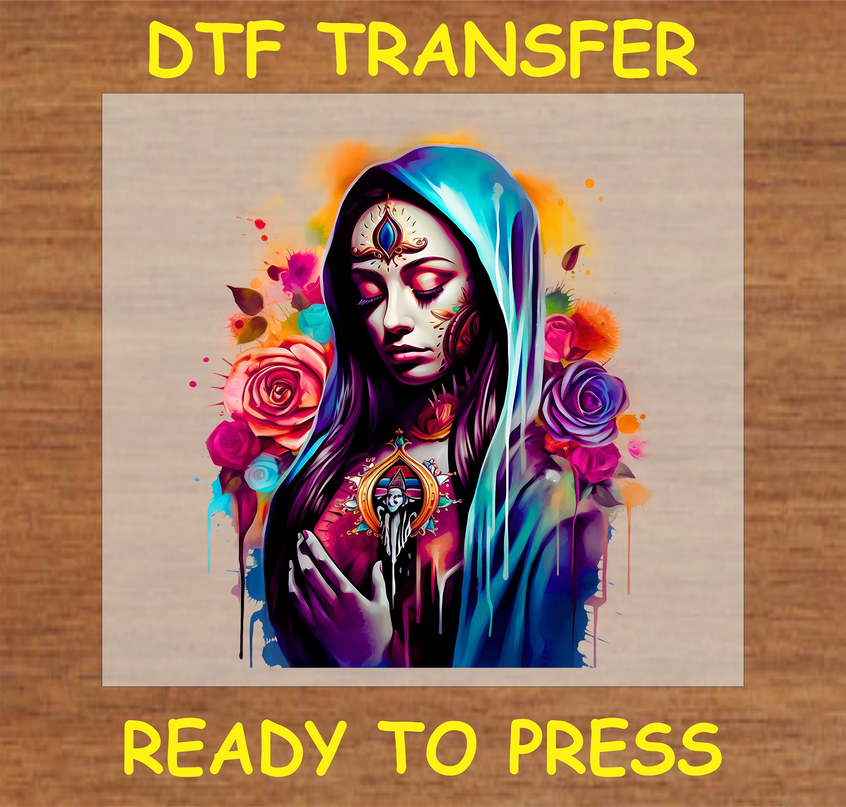 "Stylized Virgin Mary DTF Transfer with floral accents, perfect for religious-inspired apparel and accessories"