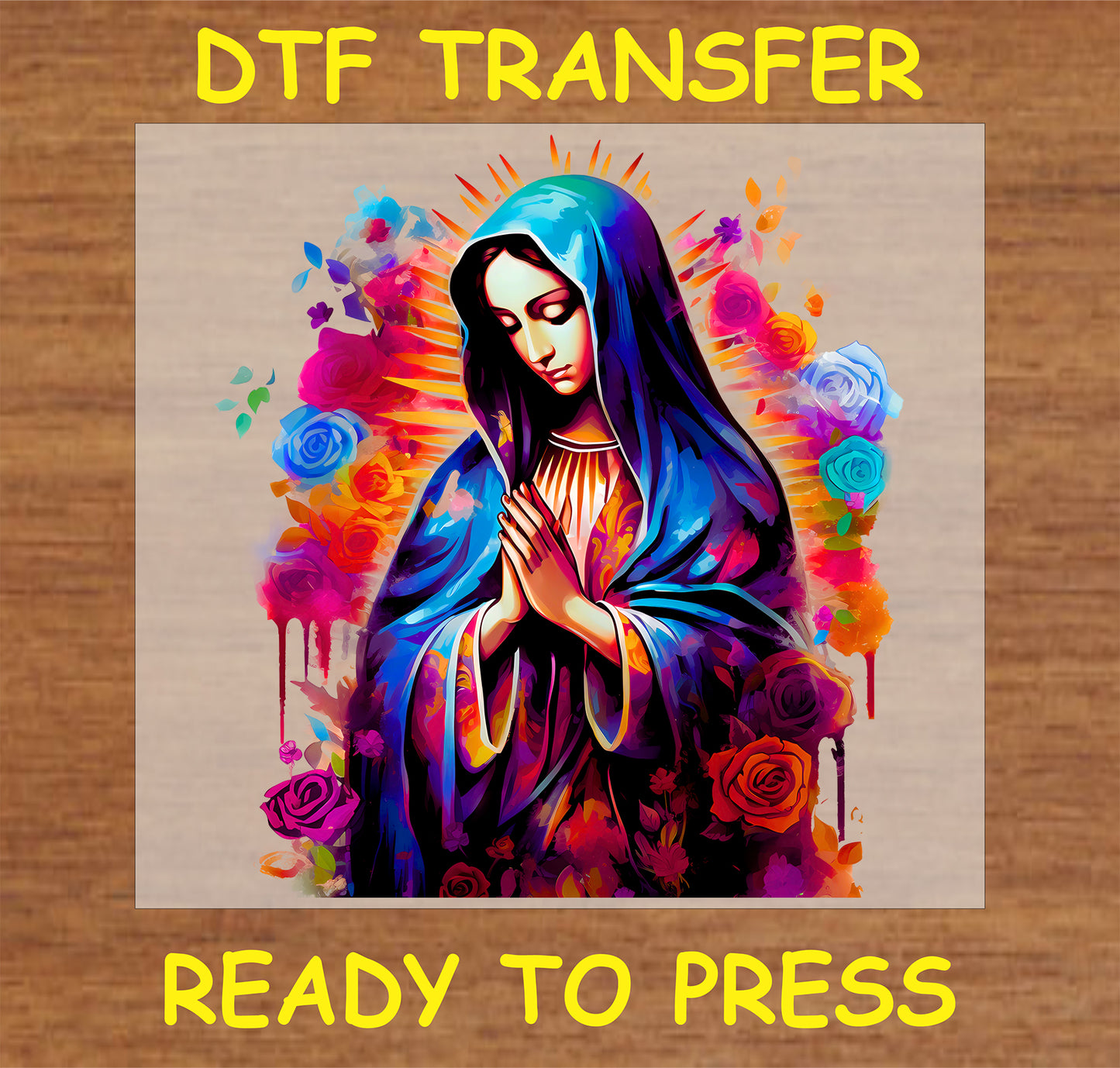 "Virgin Mary DTF Transfer with multicolor floral accents, perfect for religious and spiritual apparel"