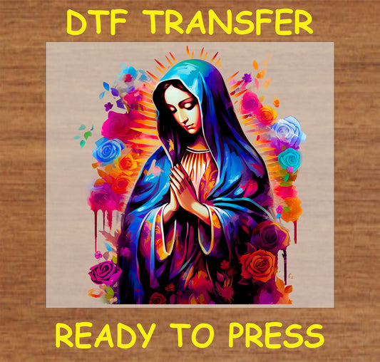 "Virgin Mary DTF Transfer with multicolor floral accents, perfect for religious and spiritual apparel"