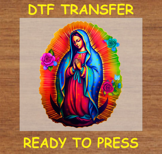 "Virgin Mary DTF Transfer with vibrant floral details, perfect for religious and spiritual apparel"