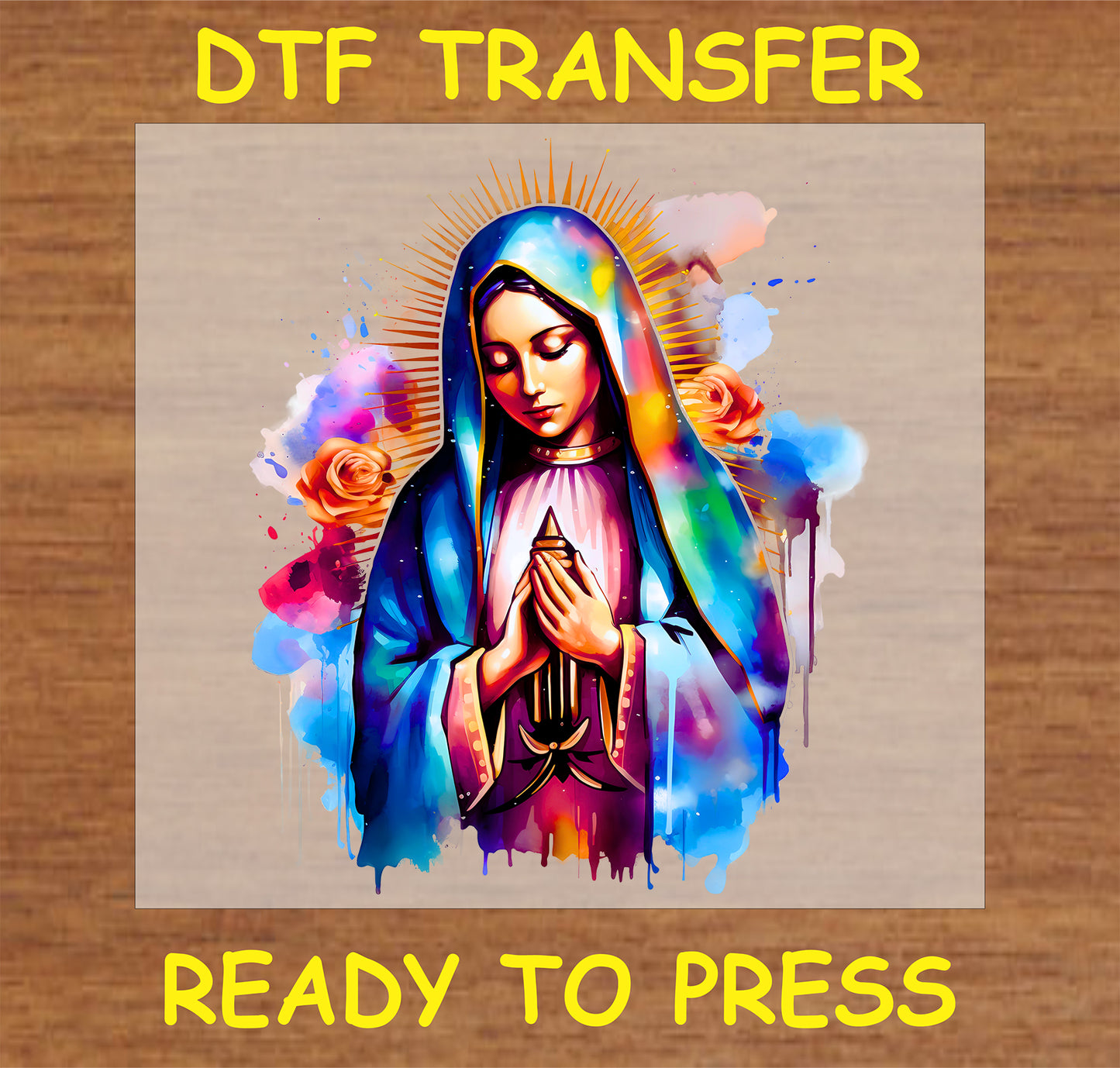 "Virgin Mary DTF Transfer with radiant colorful aura design in a prayerful pose for religious and spiritual apparel"