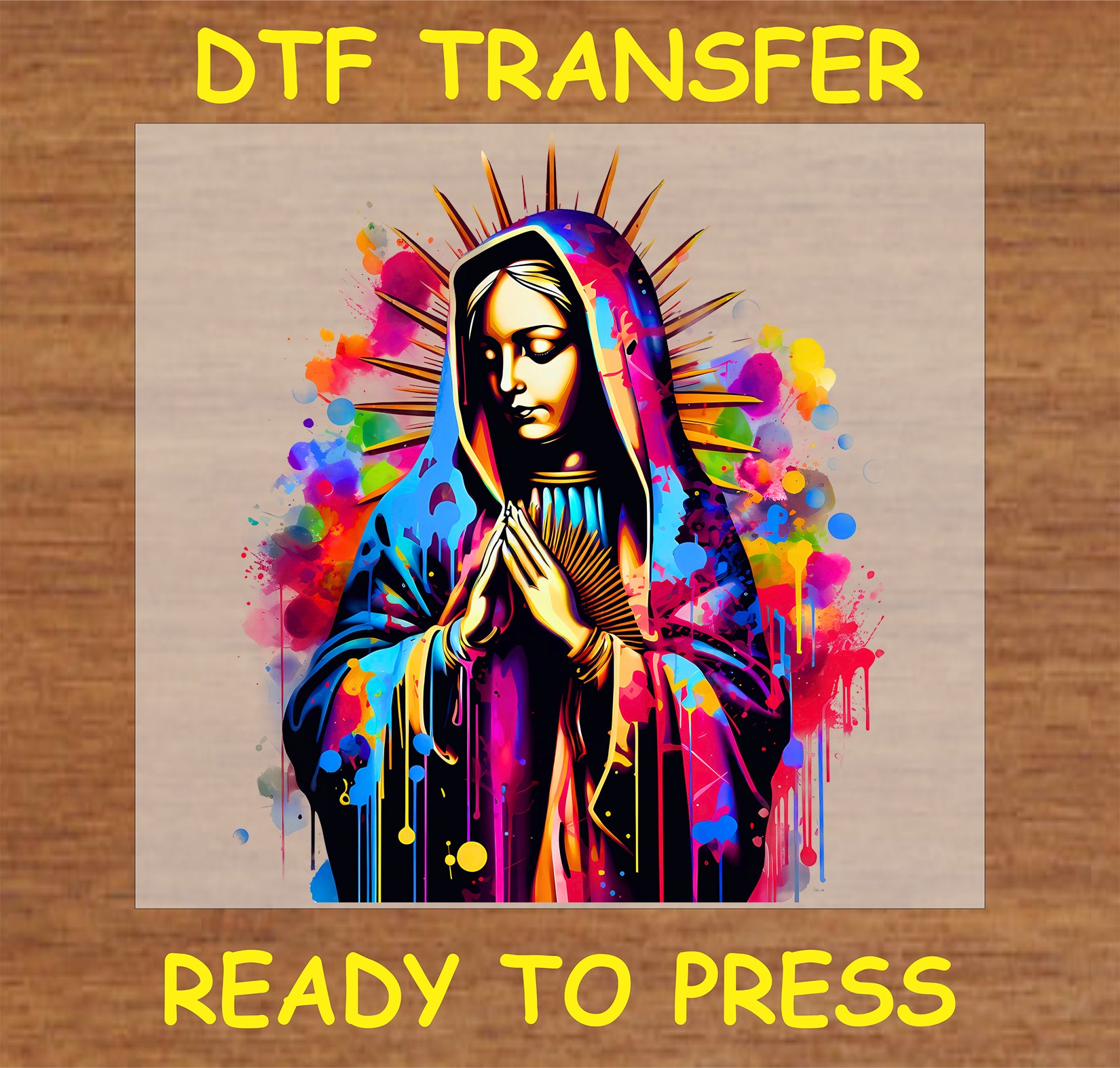 "Virgin Mary DTF Transfer with colorful dripping aura design in prayerful pose for religious and artistic apparel"