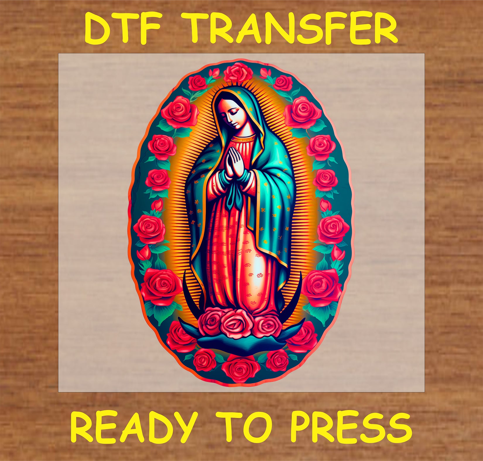 "Virgin Mary DTF Transfer with traditional red rose border for religious apparel and gifts"