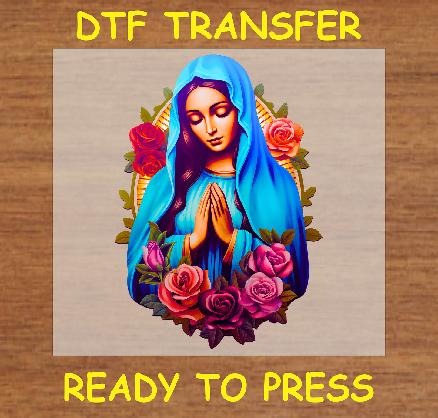 "Virgin Mary DTF Transfer with elegant floral arrangement of roses for custom religious apparel and decor"