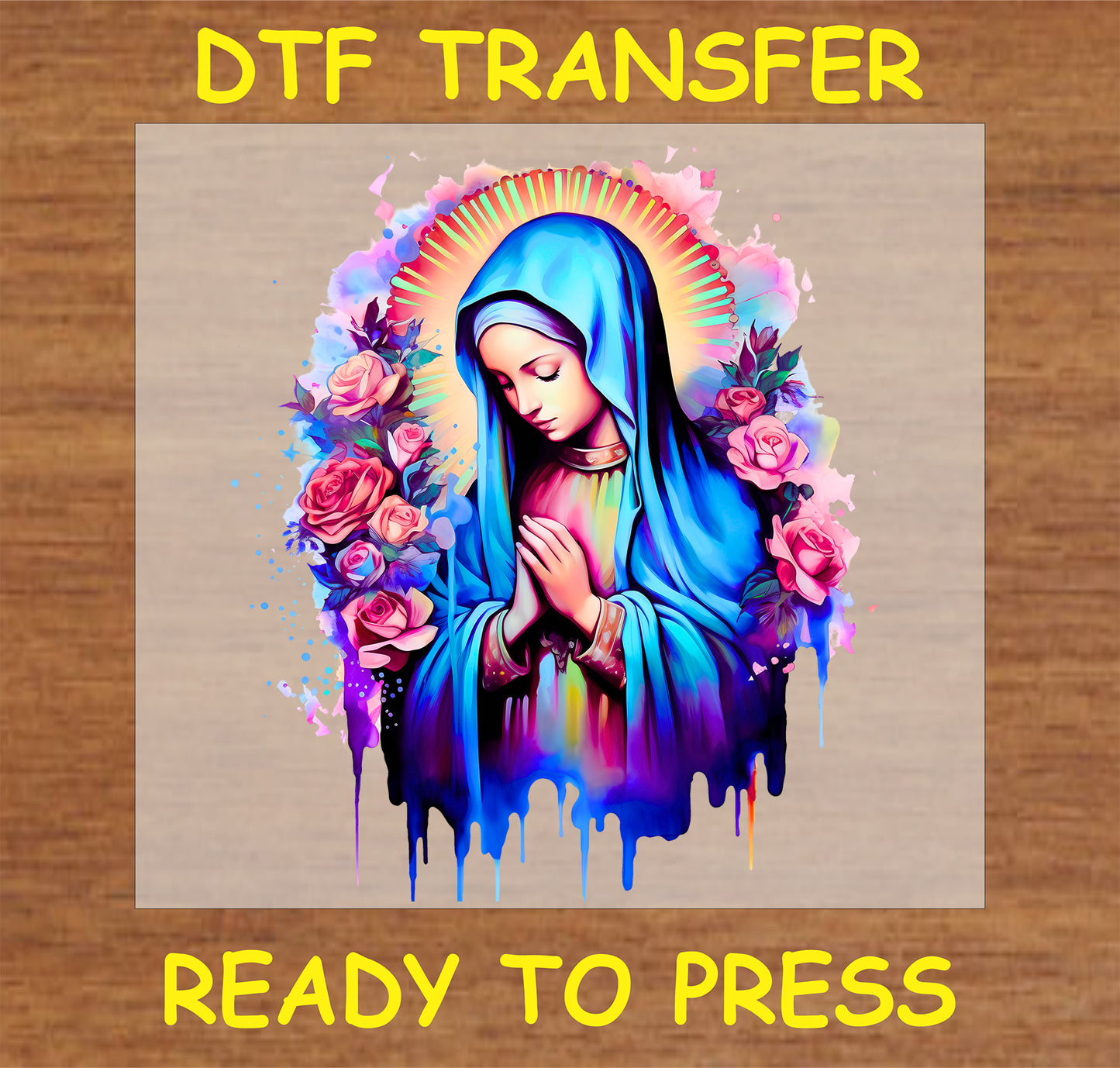 "Virgin Mary DTF Transfer with a floral halo design, perfect for custom religious apparel and decor"