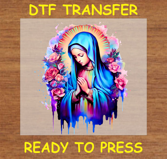 "Virgin Mary DTF Transfer with a floral halo design, perfect for custom religious apparel and decor"