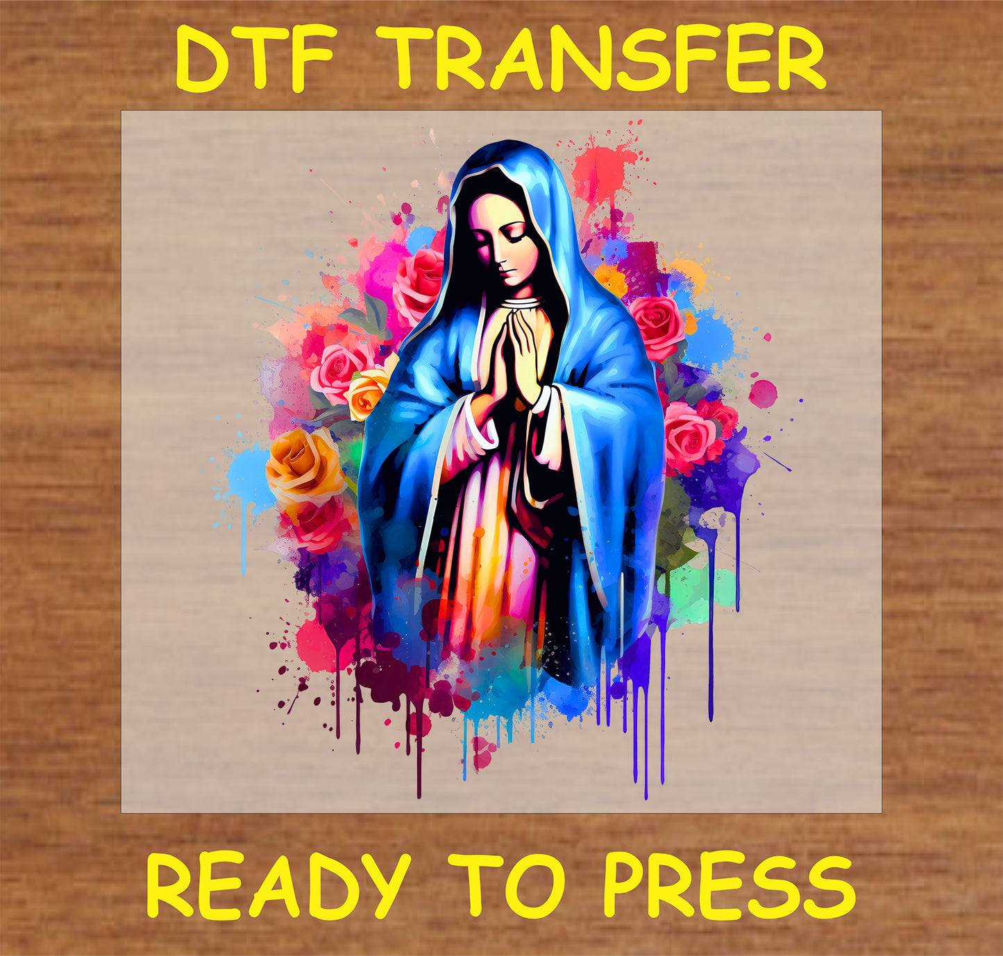 "Vibrant Virgin Mary DTF Transfer with floral background and roses, perfect for custom religious gifts and fabric projects"