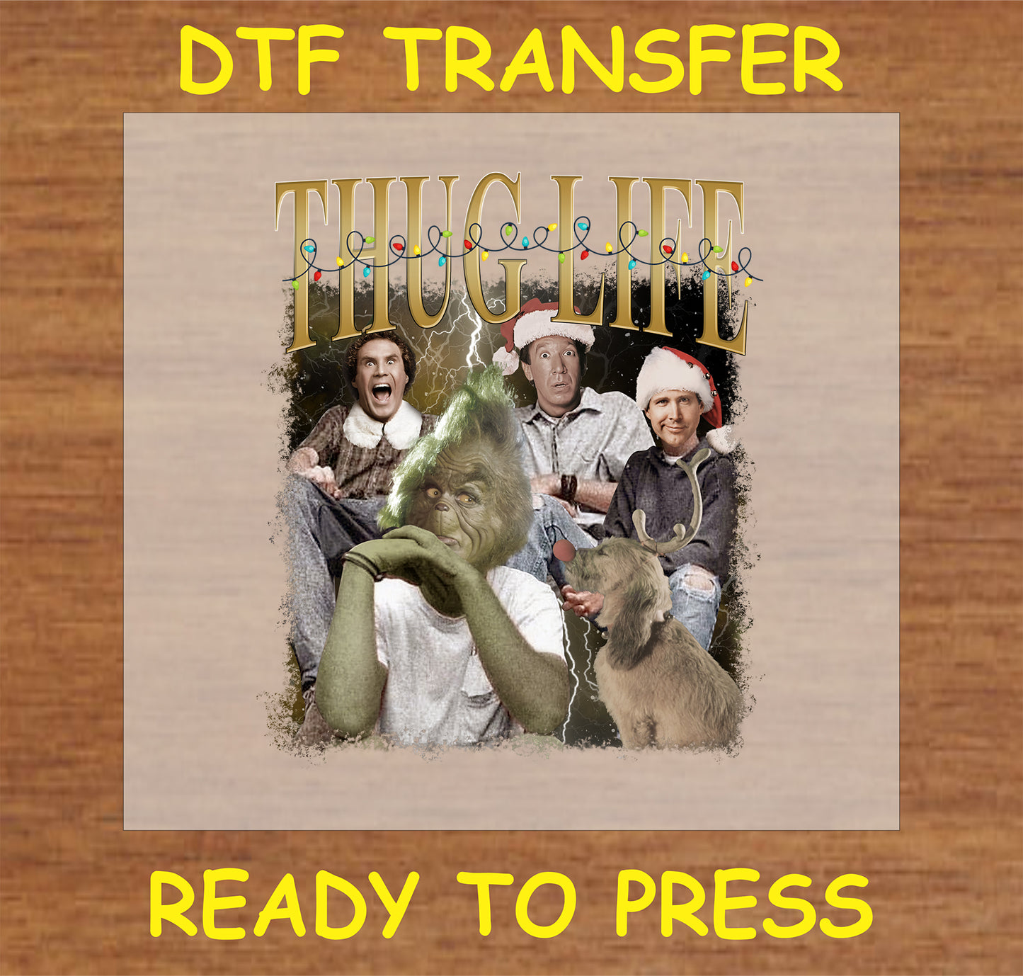 "Thug Life Christmas Icons DTF Transfer featuring funny holiday characters for custom holiday apparel and gifts"