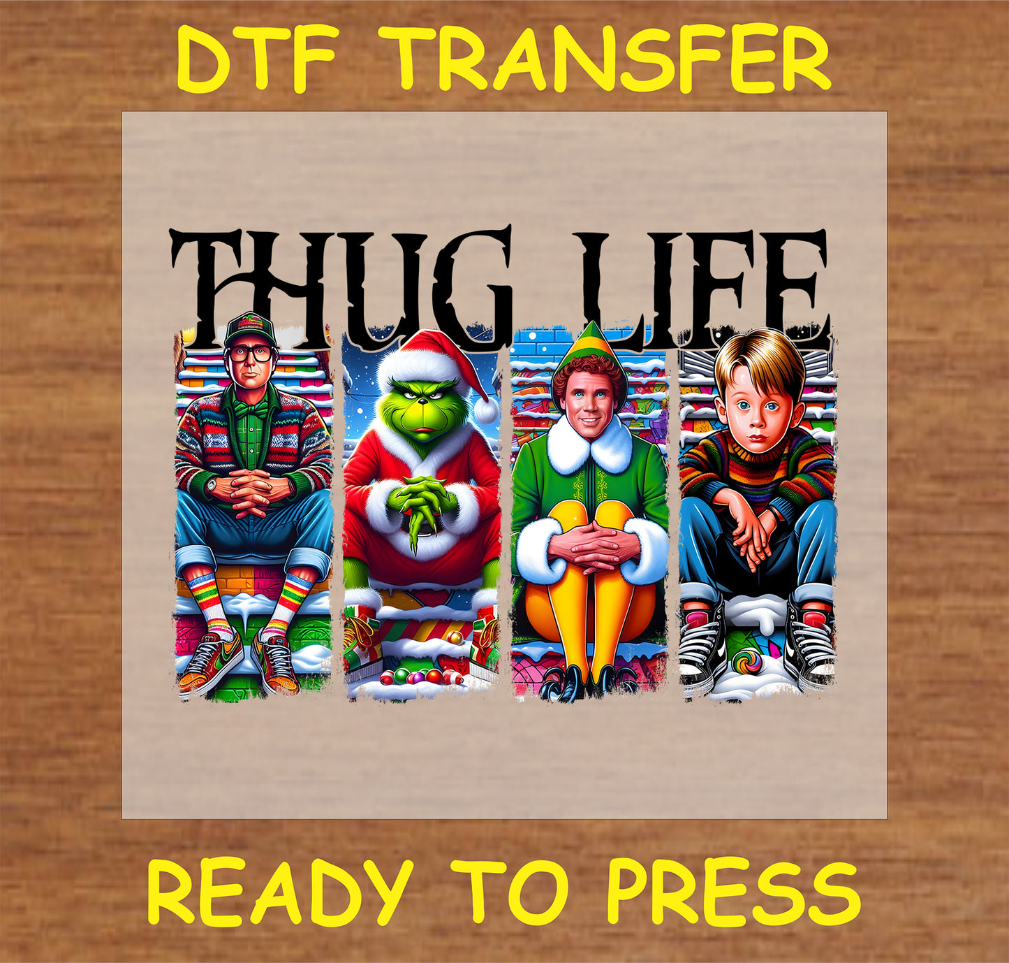 "Thug Life Christmas Character Lineup DTF Transfer featuring iconic holiday figures for custom holiday apparel and gifts"