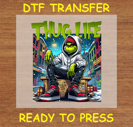 "Thug Life Holiday Hooded Character DTF Transfer with street-style Christmas vibes for custom holiday apparel and gifts"