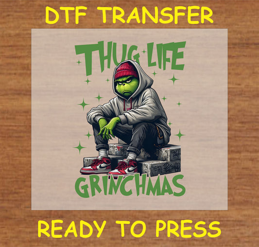 "Thug Life Holiday Hooded Character DTF Transfer with urban festive style for custom Christmas apparel and gifts"