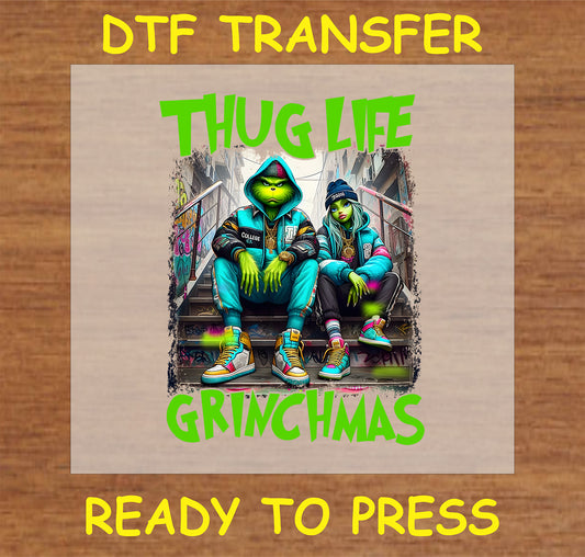 "Thug Life Holiday Duo DTF Transfer with festive streetwear style for custom Christmas apparel and gifts"