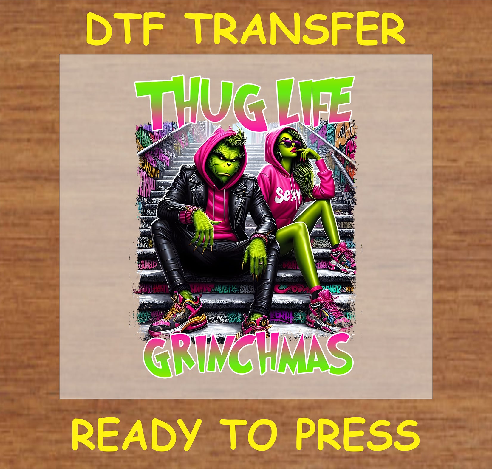 "Thug Life Holiday Couple DTF Transfer featuring an edgy festive duo in street style for holiday apparel"