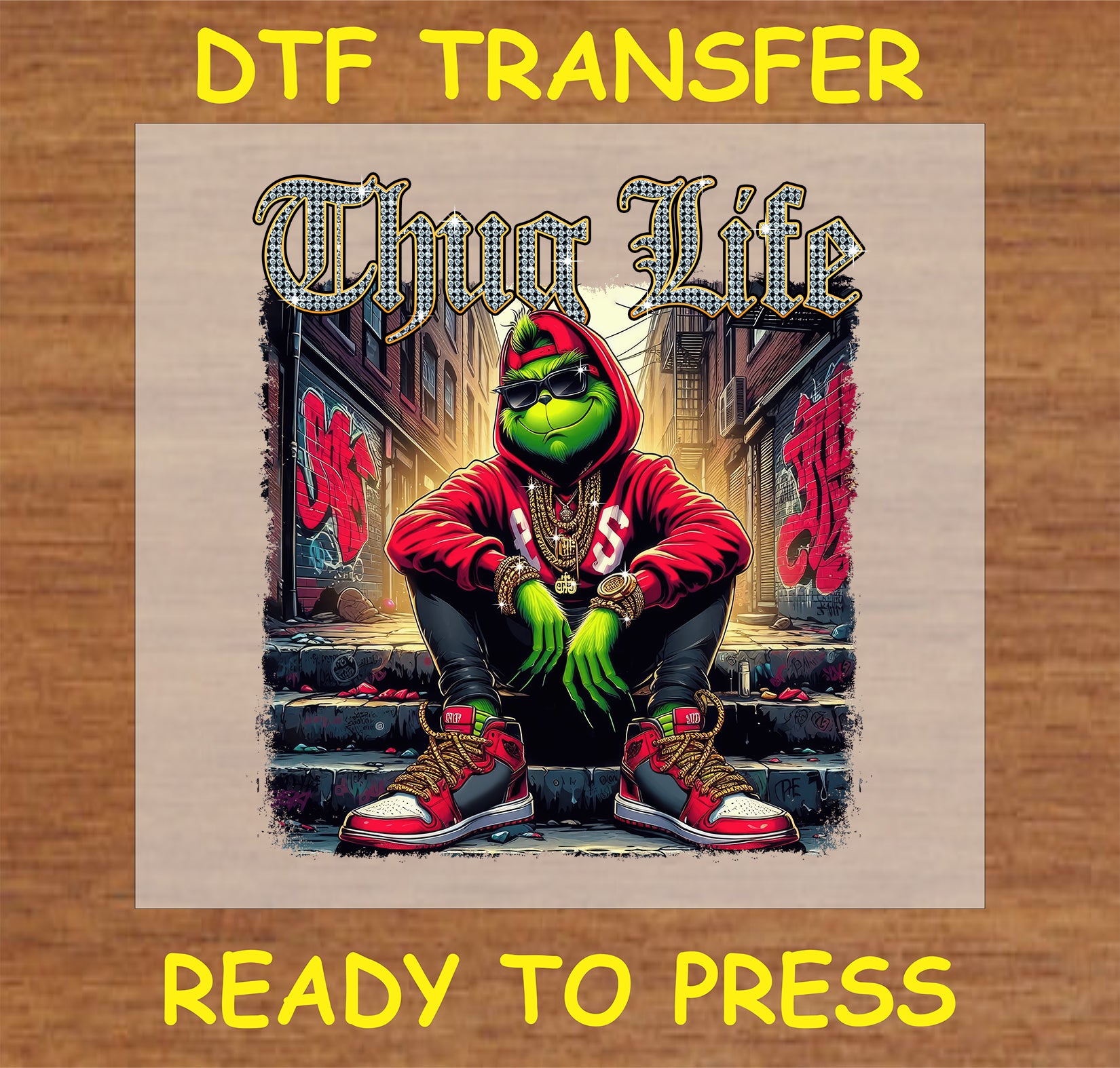 "Thug Life Holiday Vibes DTF Transfer with a stylish character in streetwear for holiday apparel"