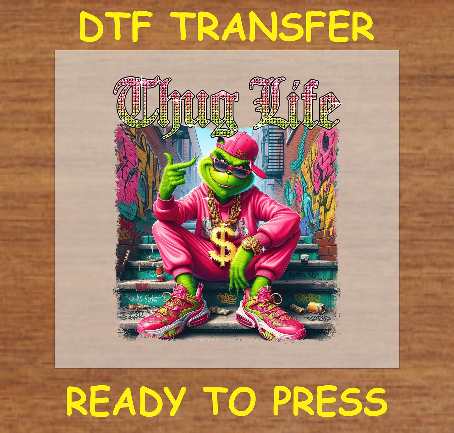 "Thug Life Holiday Vibes DTF Transfer with a festive street-style character in a bright outfit for custom holiday apparel"