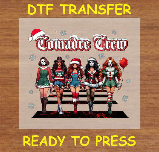 "Comadre Crew Holiday DTF Transfer with fashionable characters in festive holiday attire for custom holiday apparel"