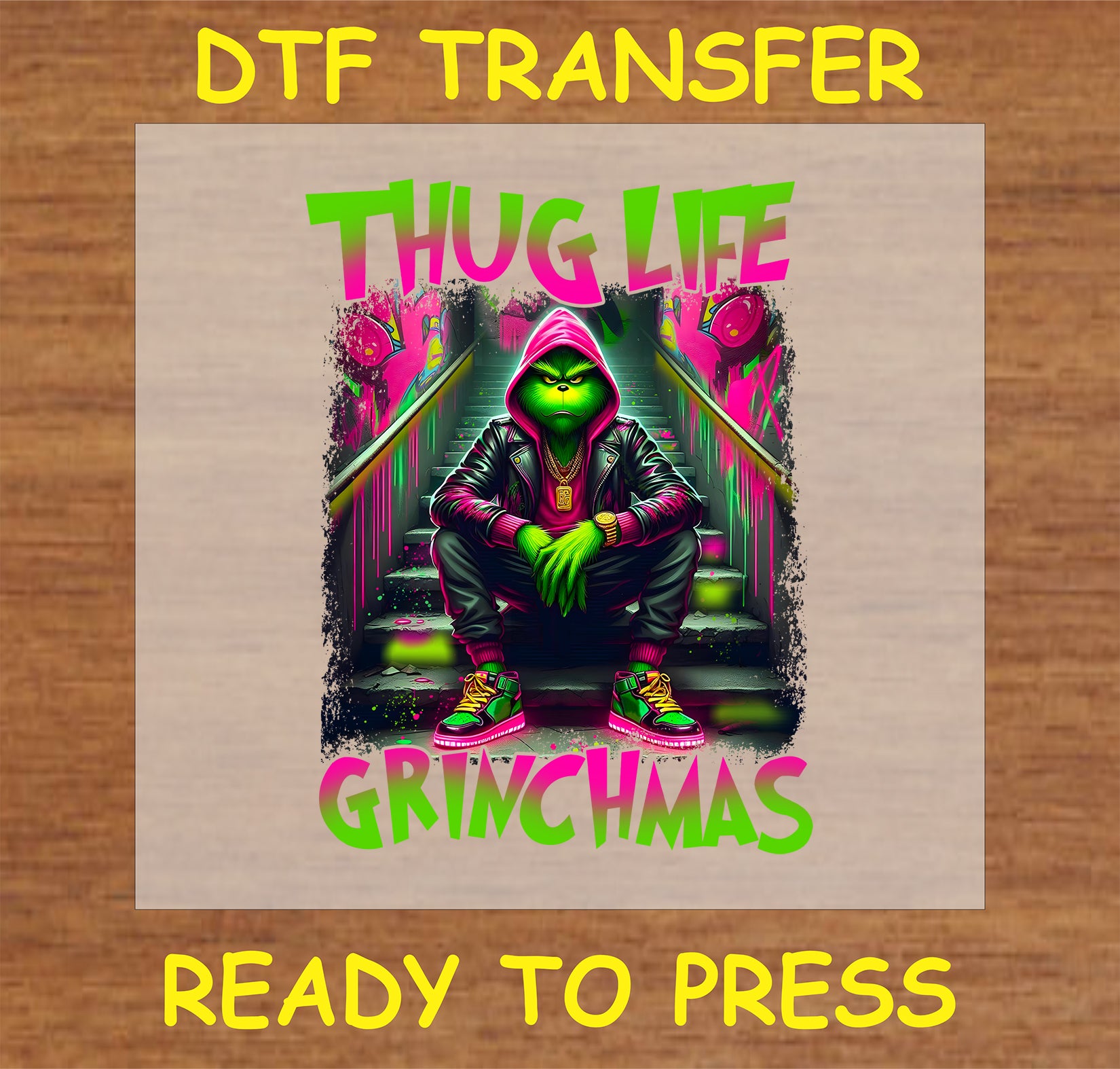 "Thug Life DTF Transfer featuring a bold holiday character in a street-style setting"