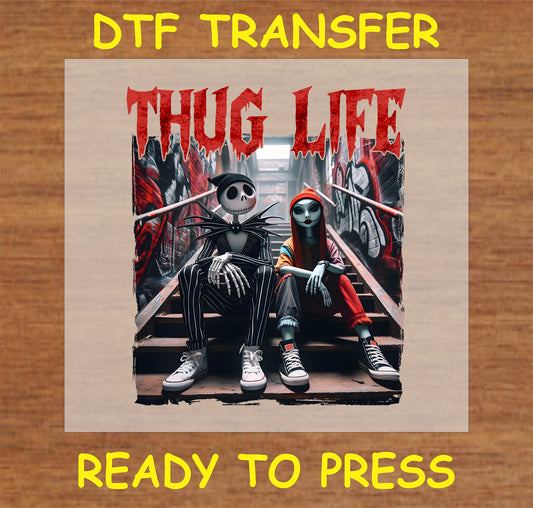 "Thug Life Halloween Duo DTF Transfer featuring a skeleton couple in street style"