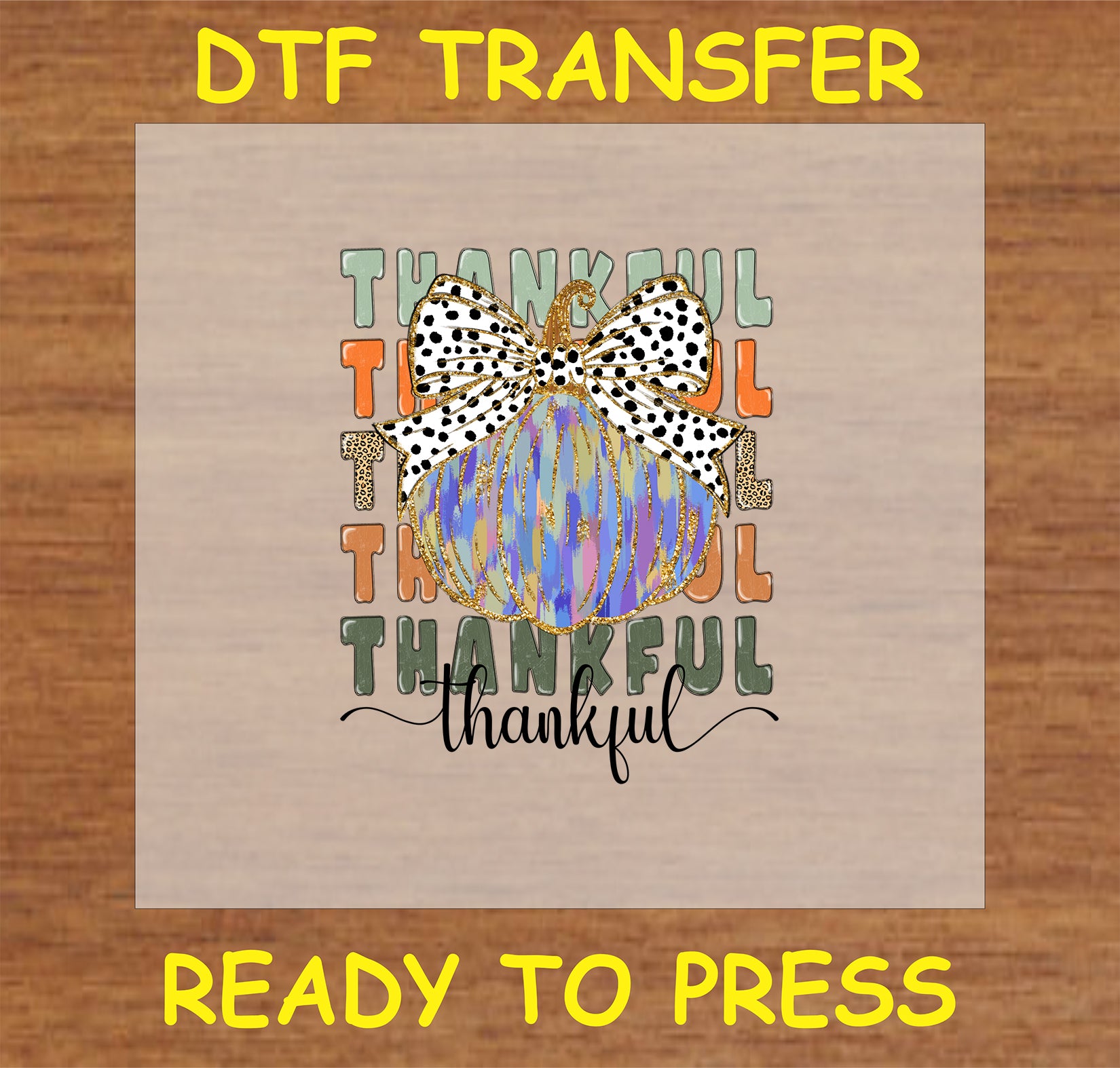 "Thankful Pumpkin DTF Transfer with blue and gold abstract pumpkin, polka dot bow, and 'Thankful' text for Thanksgiving and fall decor"