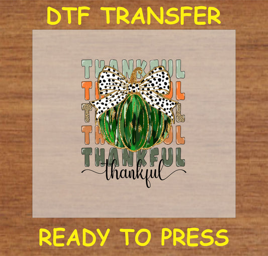 "Thankful Green Pumpkin DTF Transfer with green pumpkin, polka dot bow, and 'Thankful' text for Thanksgiving and autumn decor"