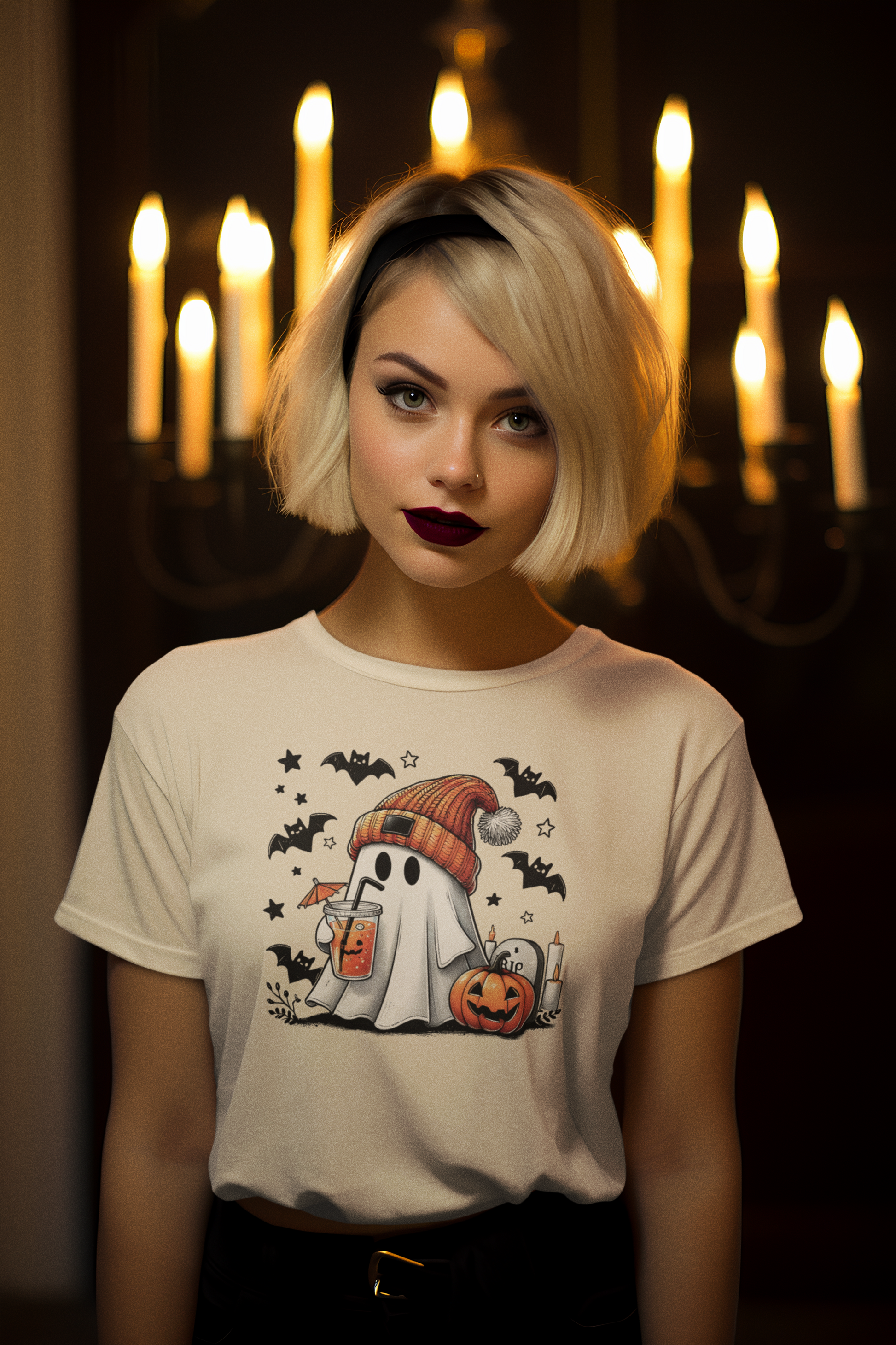 Model wearing the pink Halloween ghost shirt in a dimly lit room with candles, highlighting the spooky yet playful design