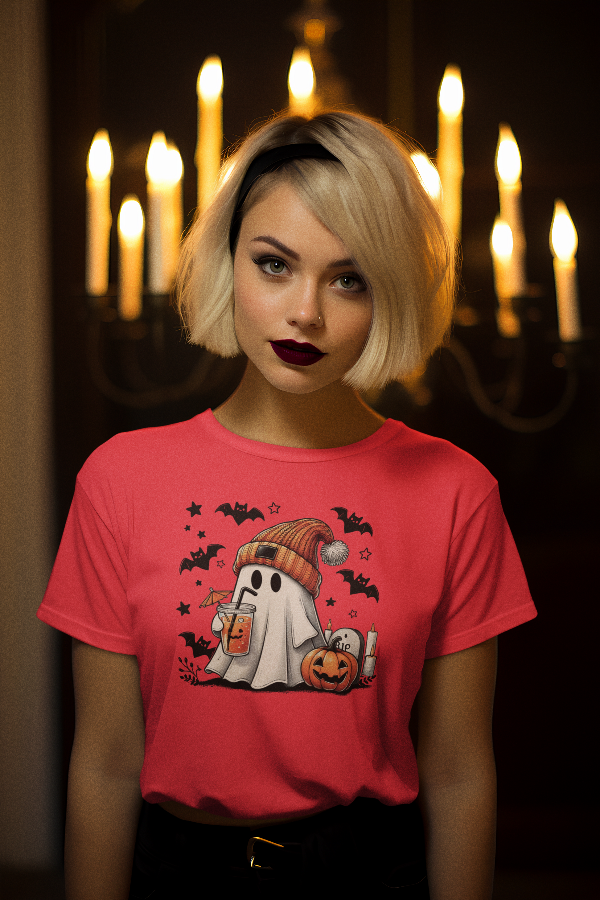 Pink Halloween graphic tee featuring a cute ghost holding a drink, surrounded by bats and pumpkins, worn by a model in a festive setting