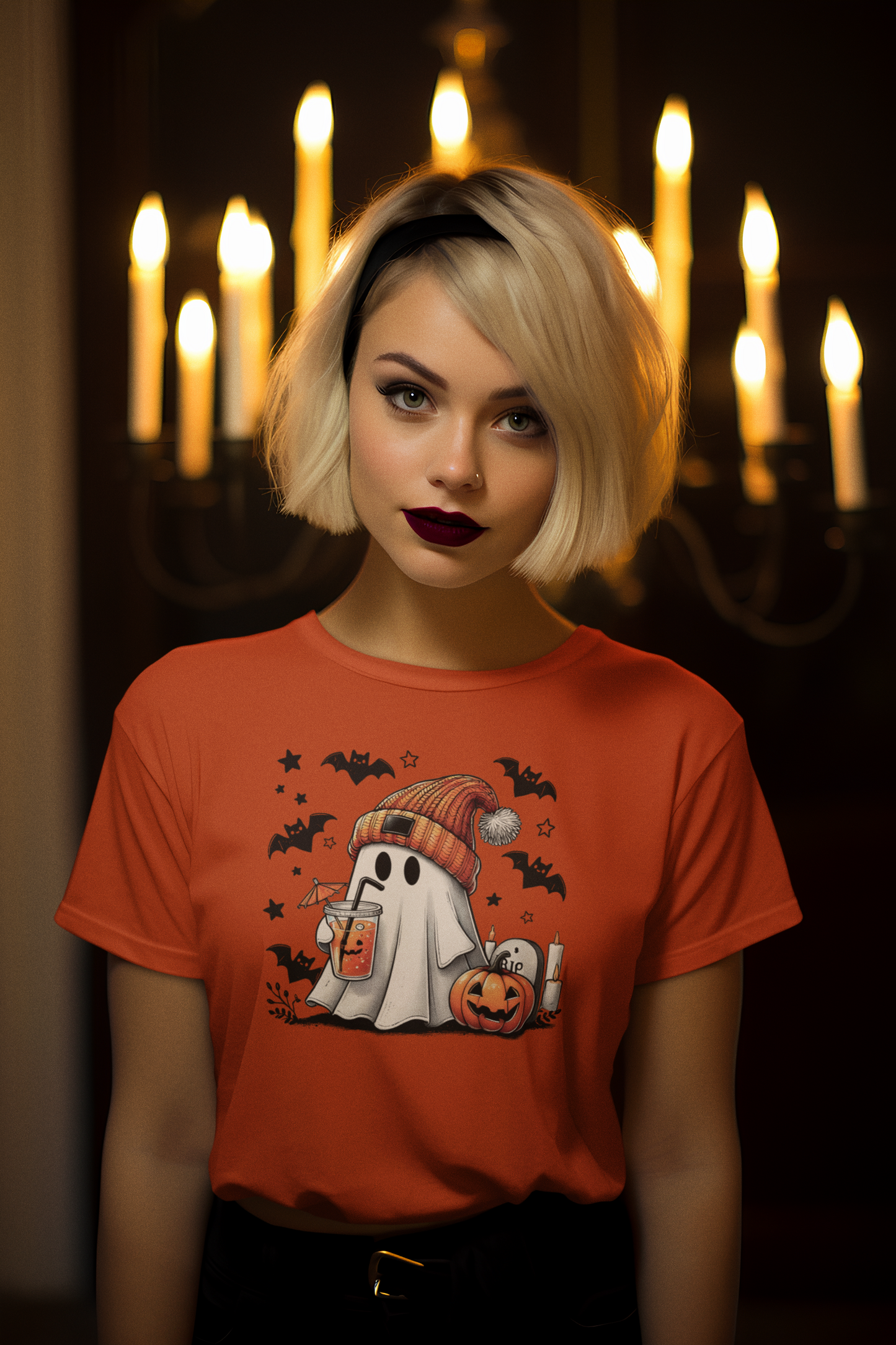 Halloween-themed graphic tee in pink with a ghost, drink, and pumpkins, perfect for adding a fun touch to your spooky season wardrobe