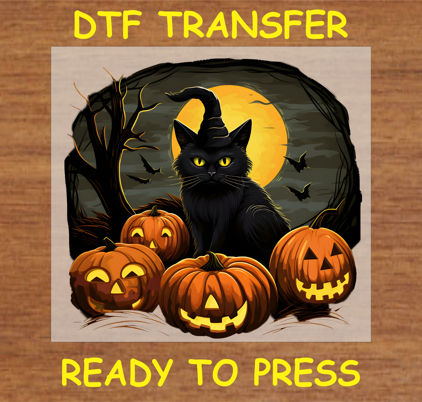 Black cat with witch hat surrounded by pumpkins and a full moon, Halloween DTF transfer.