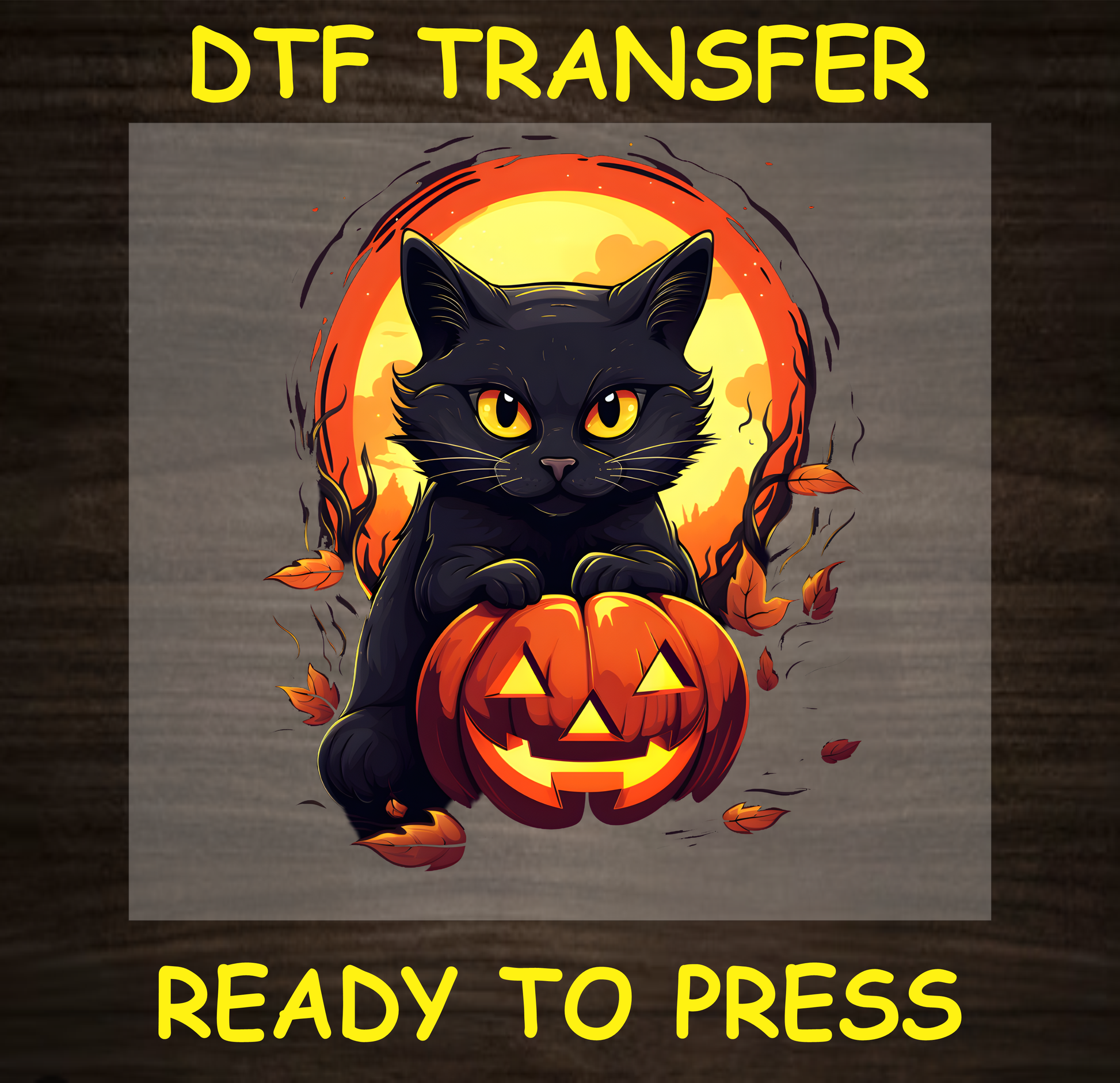 Black cat with a jack-o'-lantern, Halloween-themed DTF transfer.