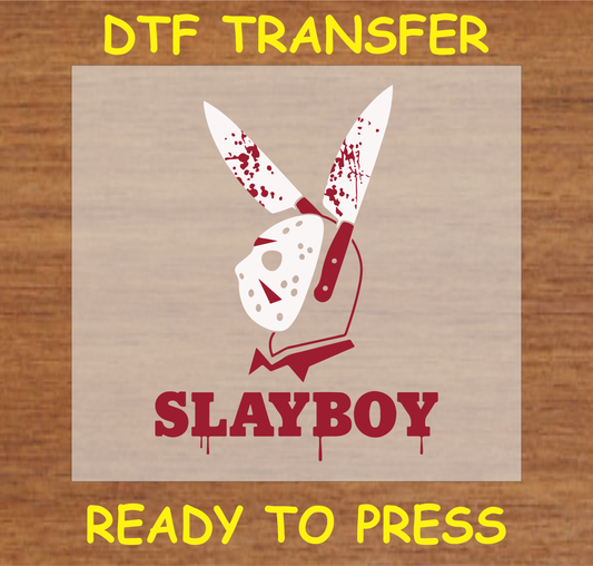 "Slayboy" DTF transfer with bloody knives and a mask, Halloween-themed.