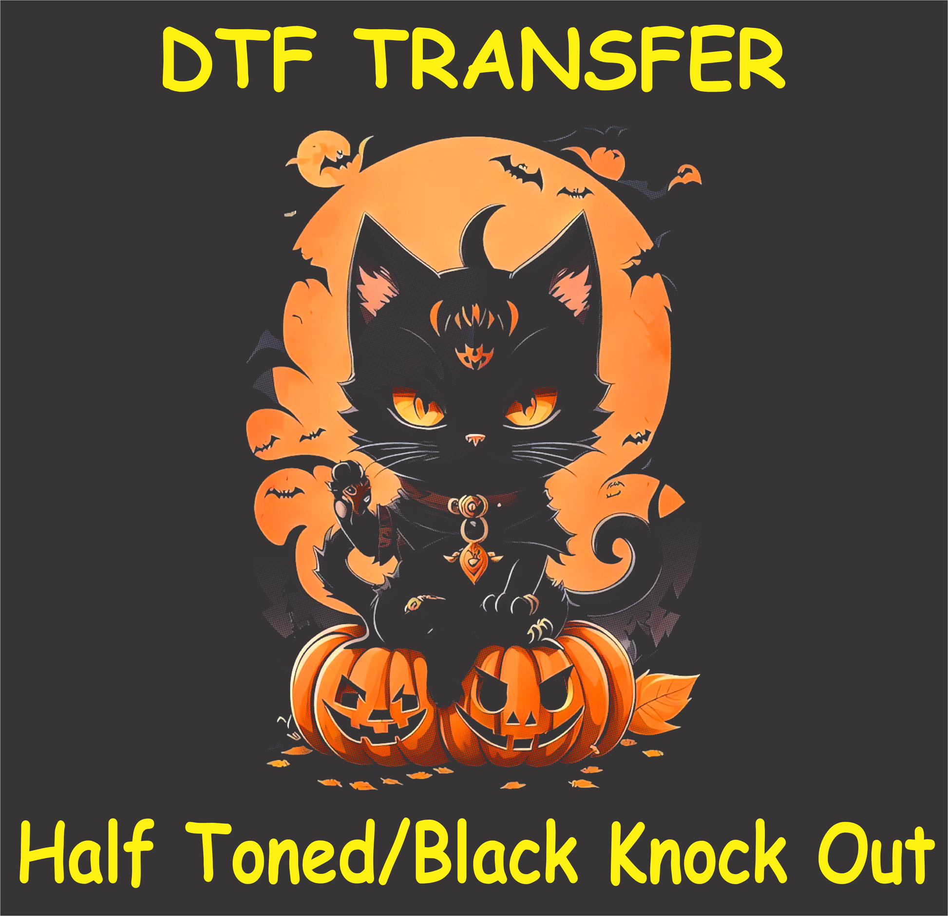 Black Cat Halloween DTF transfer featuring a cat sitting on pumpkins with bats and moon in a half-toned, black knock-out design.