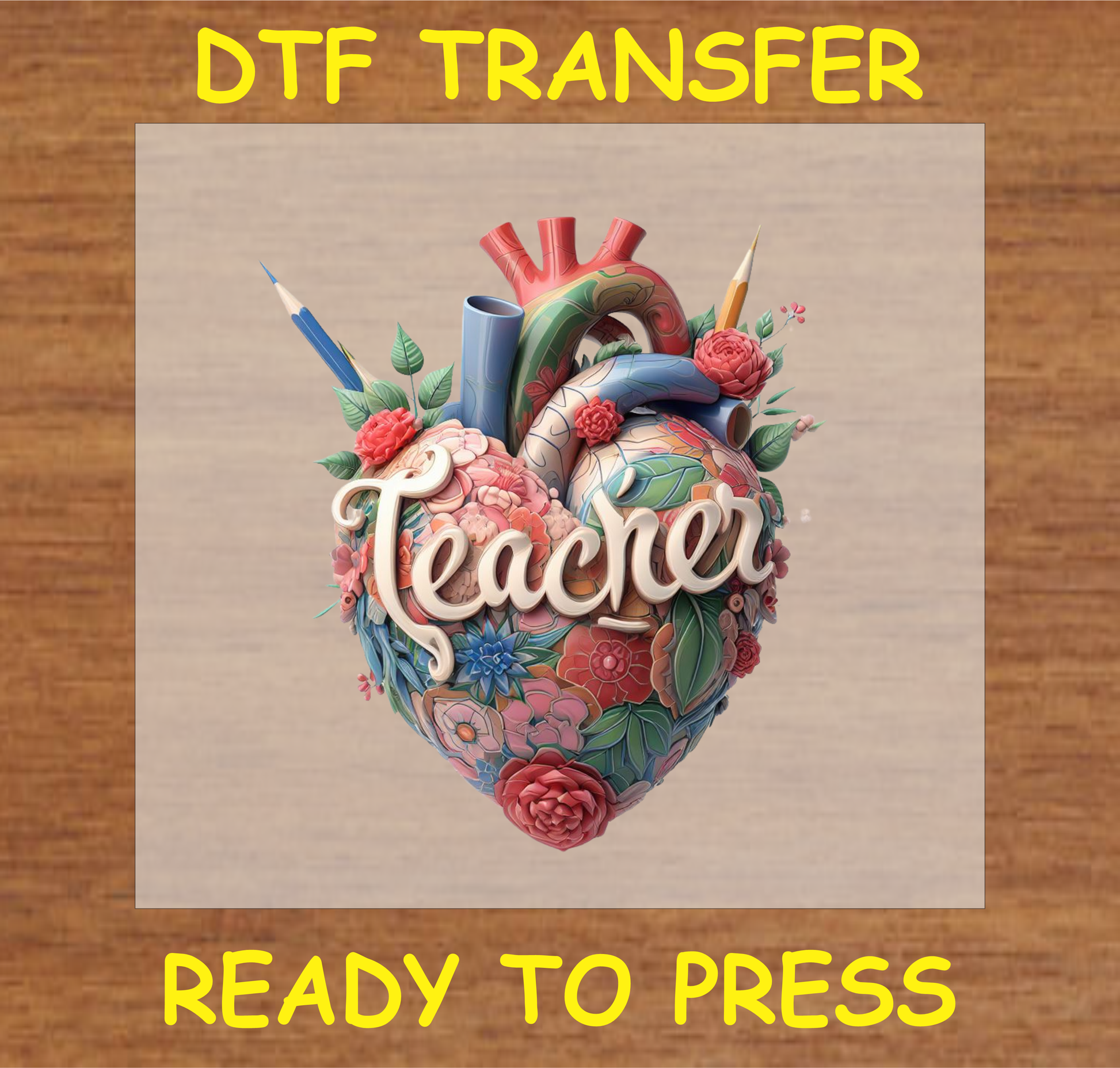 Teacher Heart DTF transfer with floral and stationery elements.