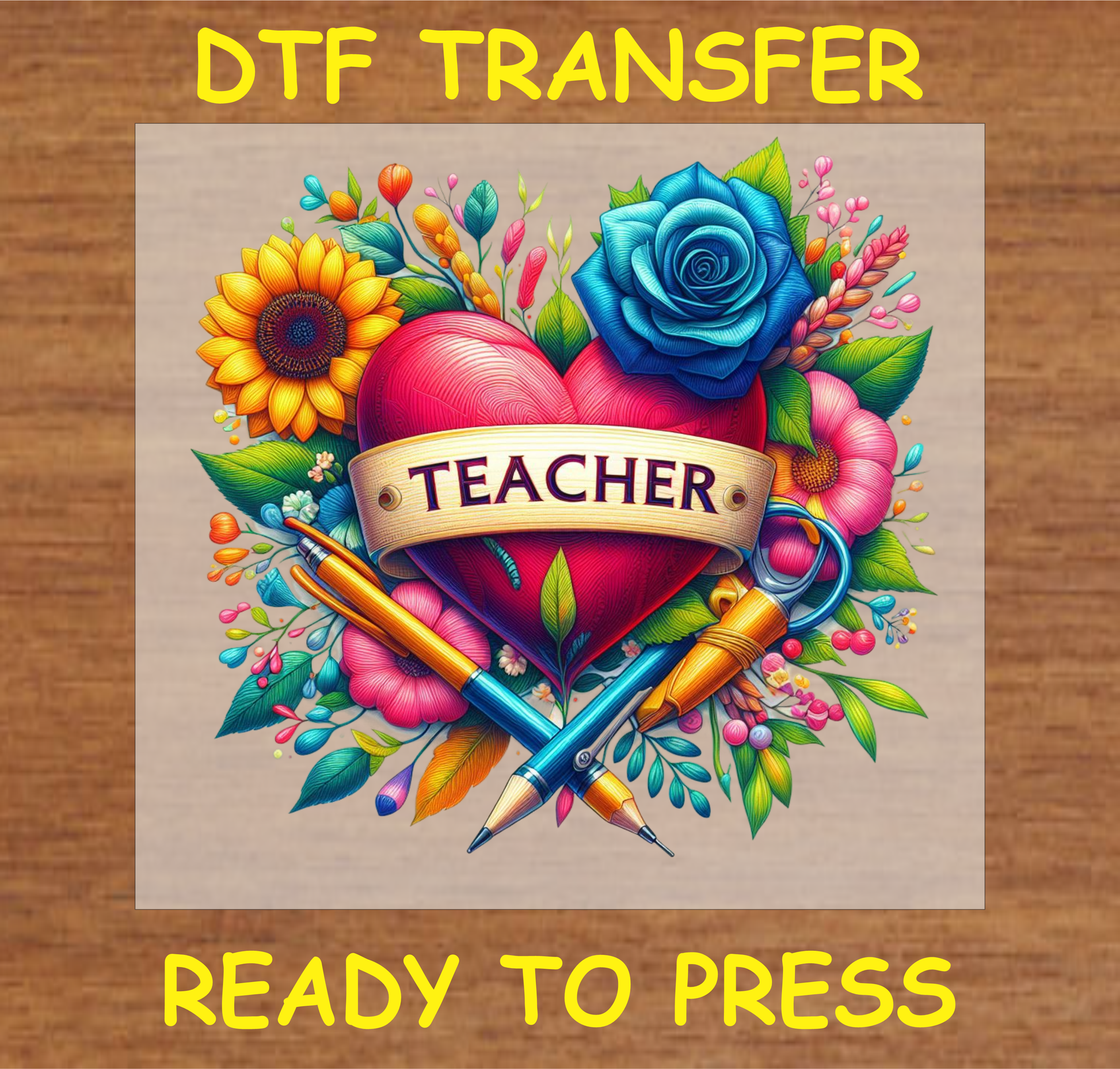 Teacher Heart DTF transfer with floral accents and stationery items.