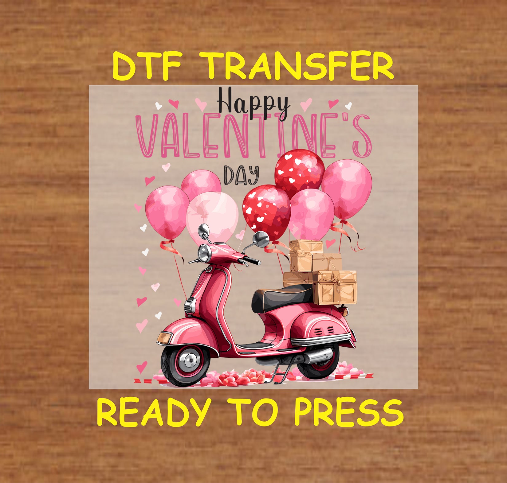 "Happy Valentine's Day" design with a scooter, balloons, and confetti hearts for heat press DTF transfer.