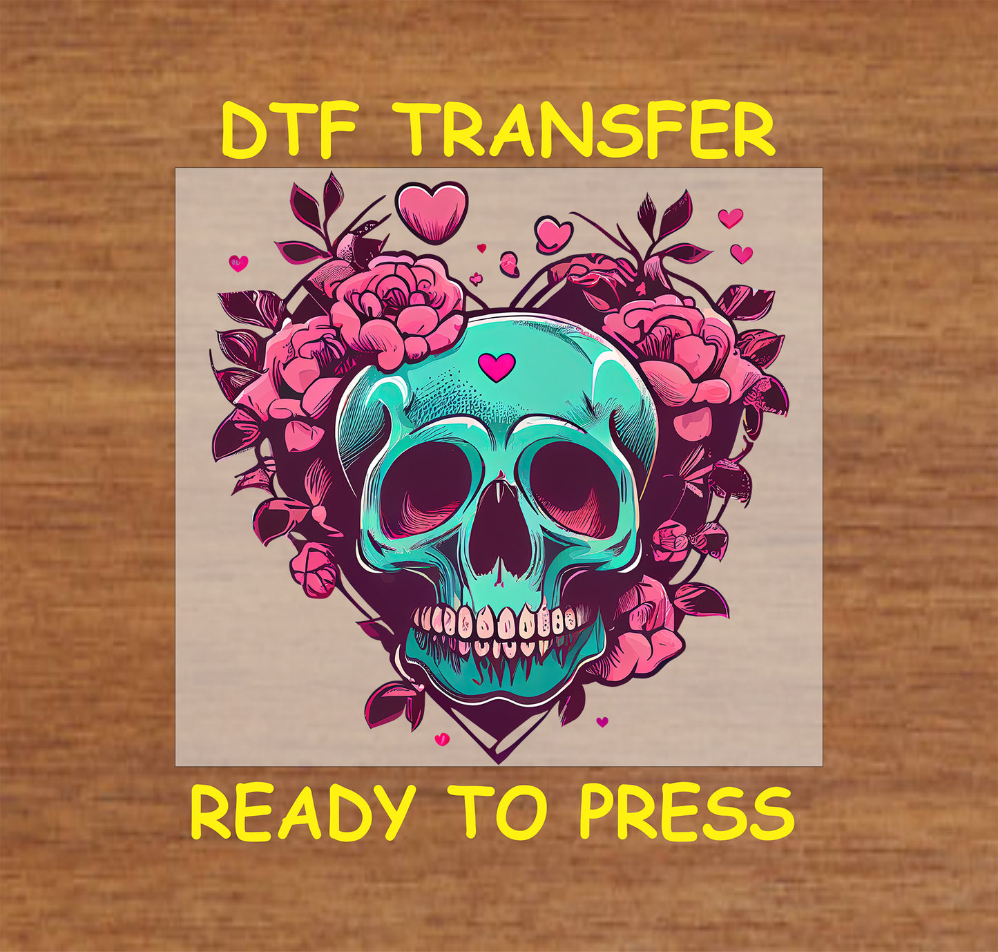 Vibrant Valentine Skull with Floral Accents design with Flowers and hearts, for heat press DTF transfer.