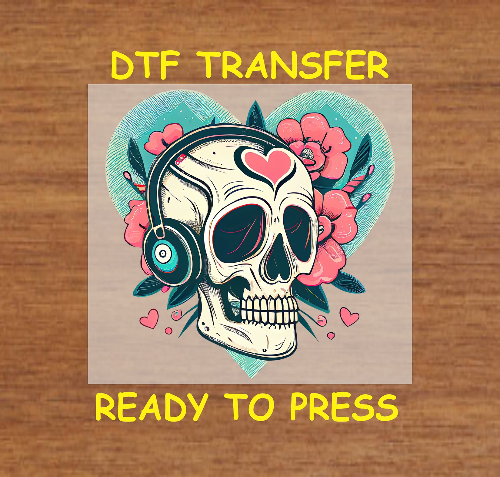 Retro Valentine Skull with Floral Accents design with Flowers and hearts, for heat press DTF transfer.