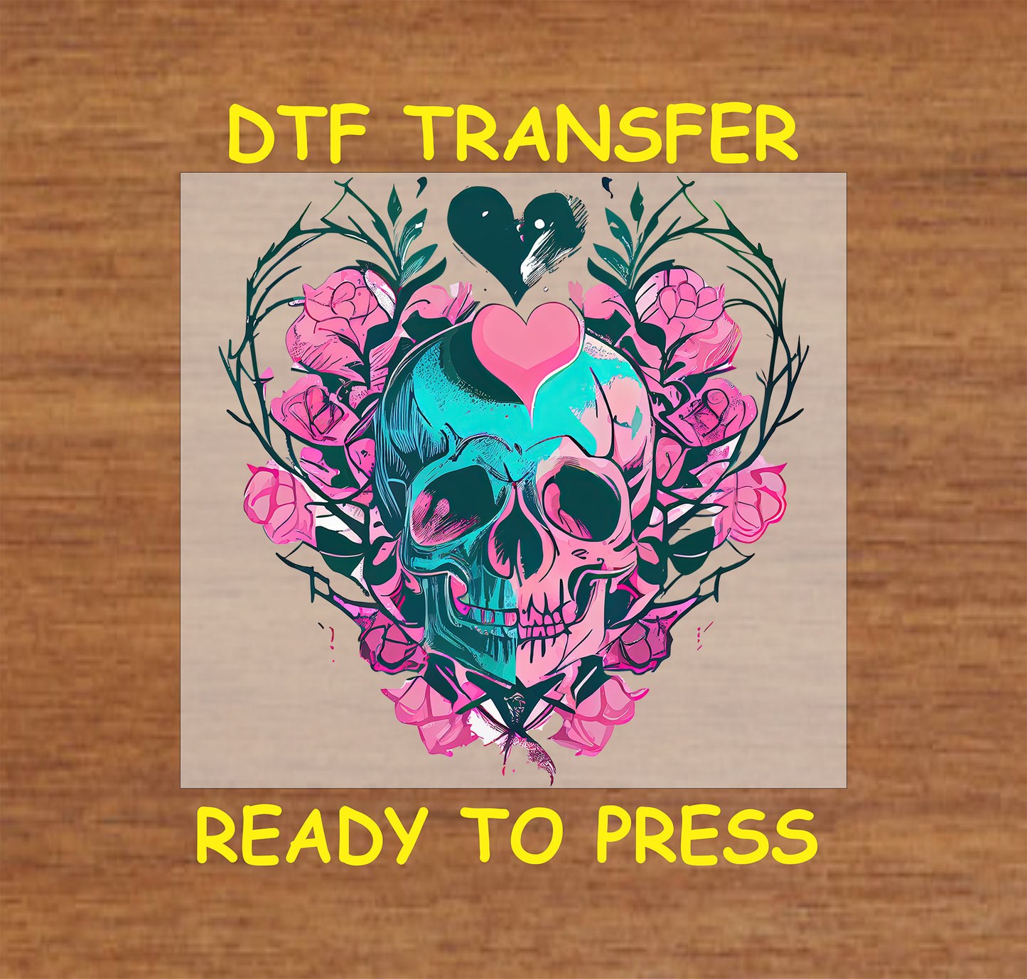 Colorful Valentine Skull with Floral Accents design with Flowers and hearts, for heat press DTF transfer.