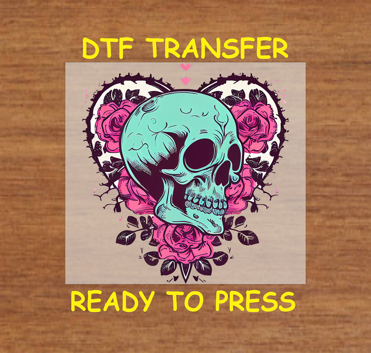 Vibrant Valentine Skull with Floral Accents design with Flowers and hearts, for heat press DTF transfer.