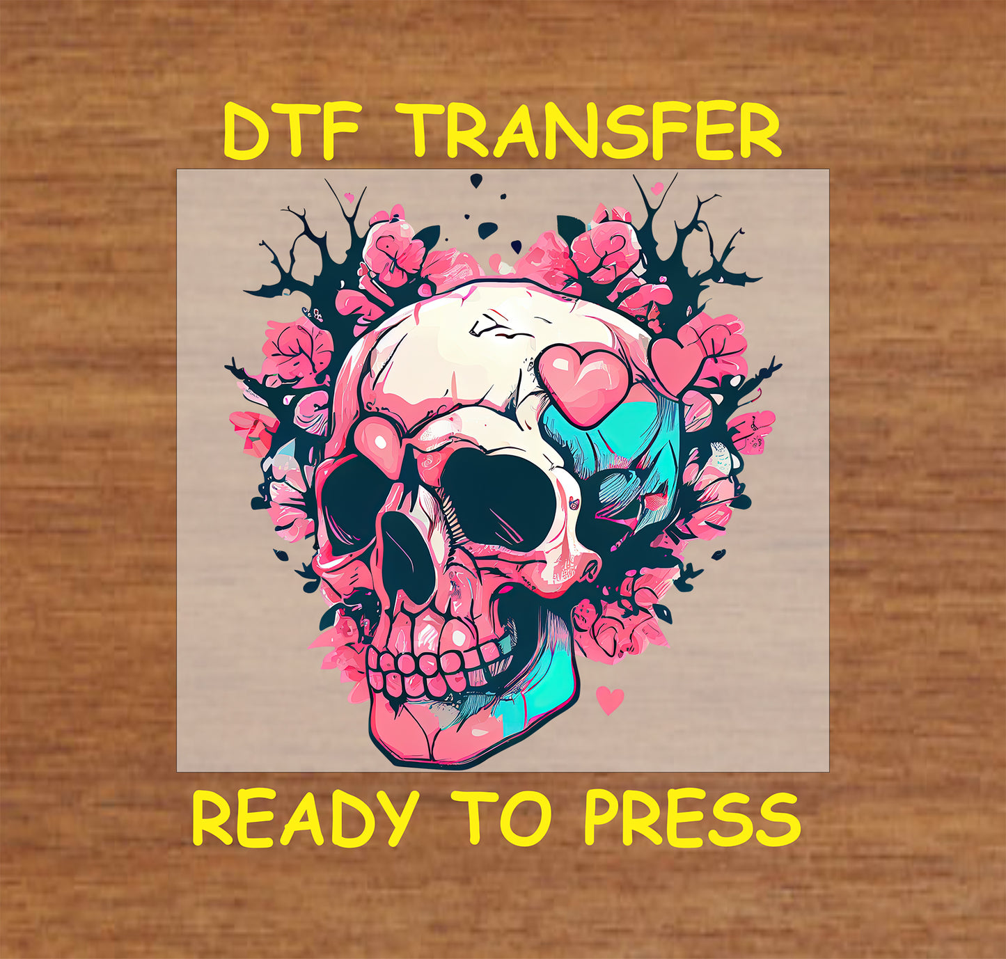 Vibrant Valentine Skull design with Skull and hearts, for heat press DTF transfer.