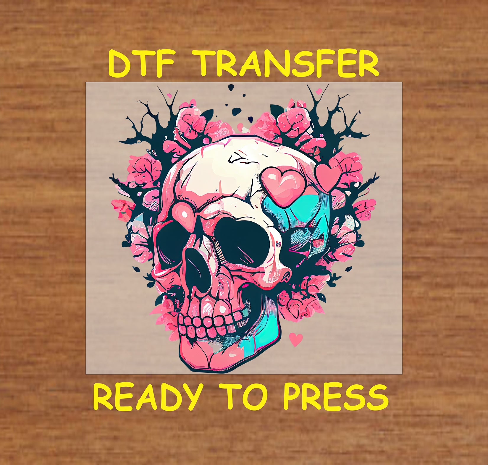 Vibrant Valentine Skull design with Skull and hearts, for heat press DTF transfer.