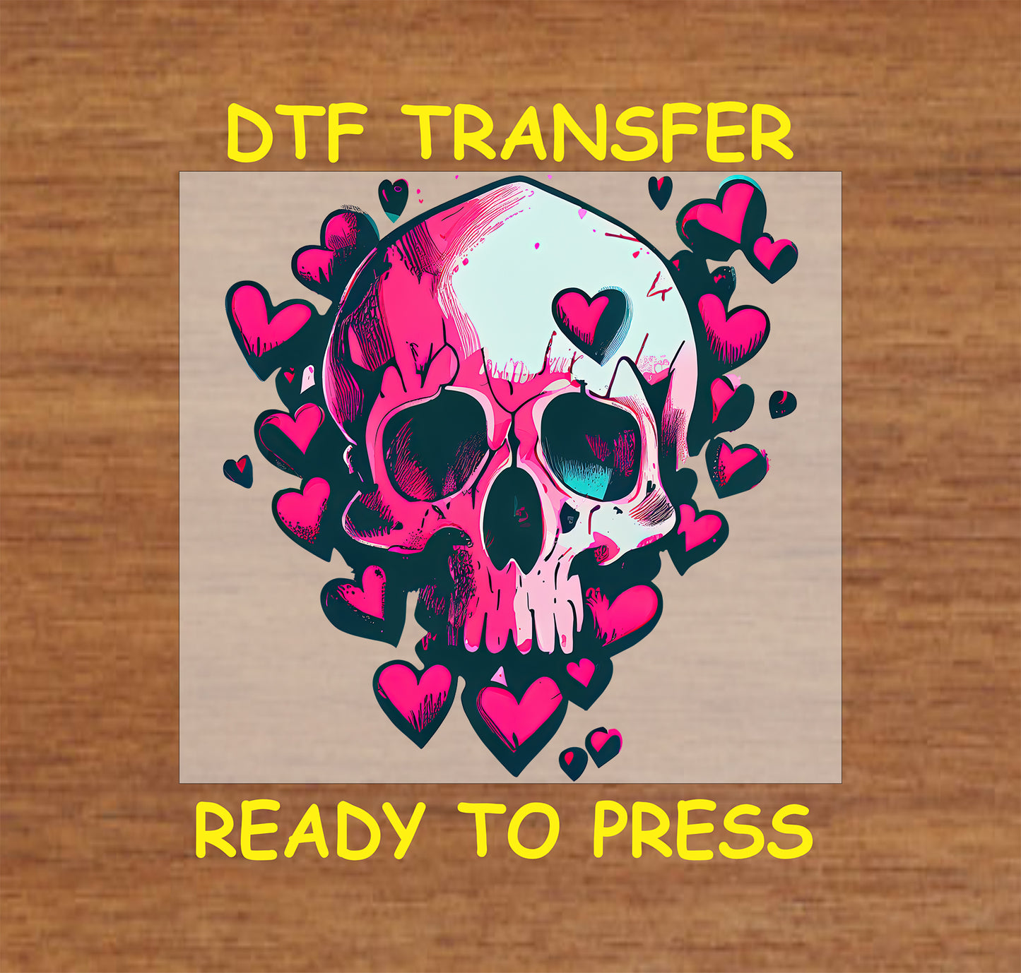 Skull with heart design, featuring Skull with floating hearts. ready-to-press DTF transfer.