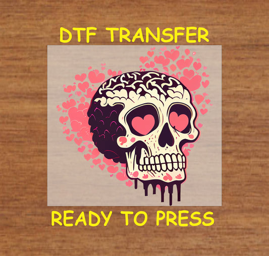 Skull with heat eyes design, ready-to-press DTF transfer. This vibrant design features a vibrant pink skull with heart eyes.