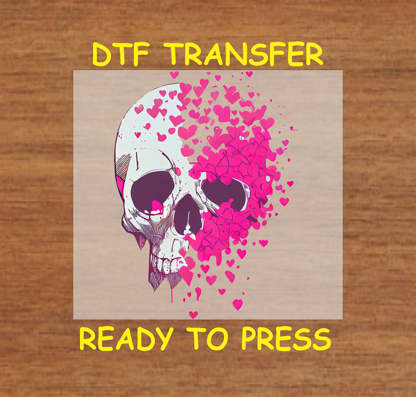 Valentine Skull design with Skull and floating hearts, for heat press DTF transfer.